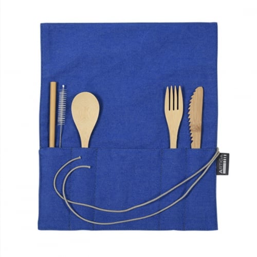 Kit range-couverts bleu royal et couverts en bambou made in France